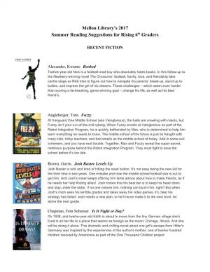 Mellon Library's 2017 Summer Reading Suggestions for Rising 6