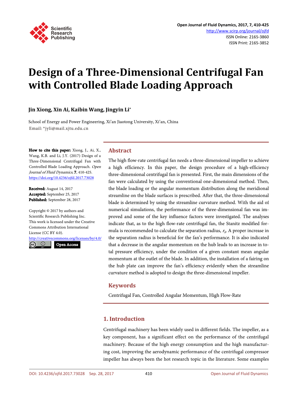Design of a Three-Dimensional Centrifugal Fan with Controlled Blade ...