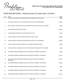 PRICES REALIZED DETAIL - Hollywood Auction 53, Auction Date: 12/15/2012