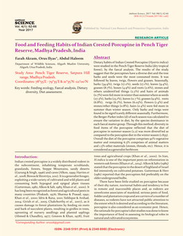 ARTICLE Food and Feeding Habits of Indian Crested Porcupine in Pench Tiger Reserve, Madhyapradesh, India