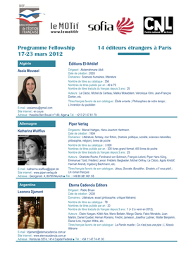 Programme Fellowship 14 Éditeurs Étrangers À Paris 17-23 Mars 2012
