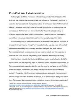Post-Civil War Industrialization Following the Civil War, Tennessee Entered Into a Period of Industrialization