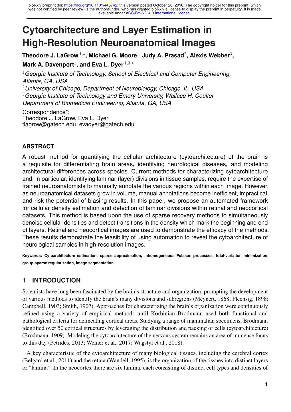 Cytoarchitecture and Layer Estimation in High-Resolution Neuroanatomical Images Theodore J