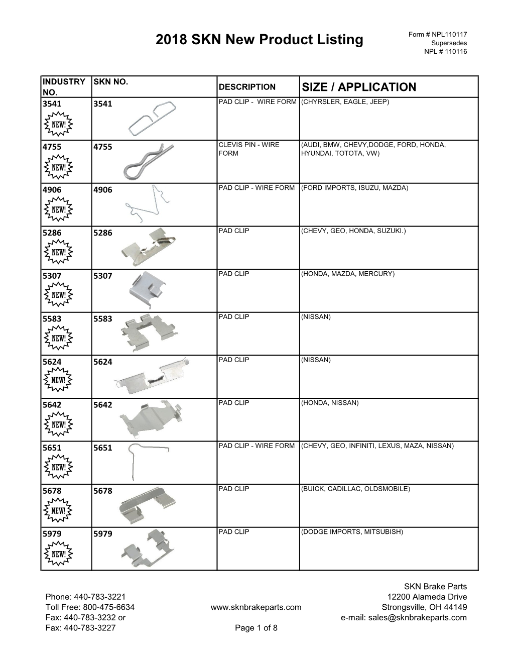 2018 SKN New Product Listing Supersedes NPL # 110116