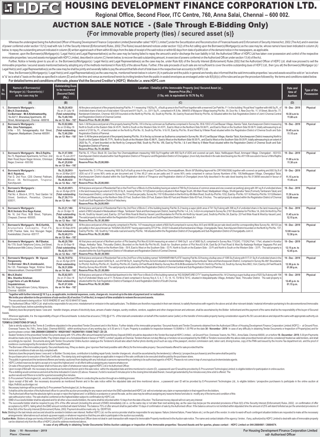 HOUSING DEVELOPMENT FINANCE CORPORATION LTD. Regional Office, Second Floor, ITC Centre, 760, Anna Salai, Chennai – 600 002