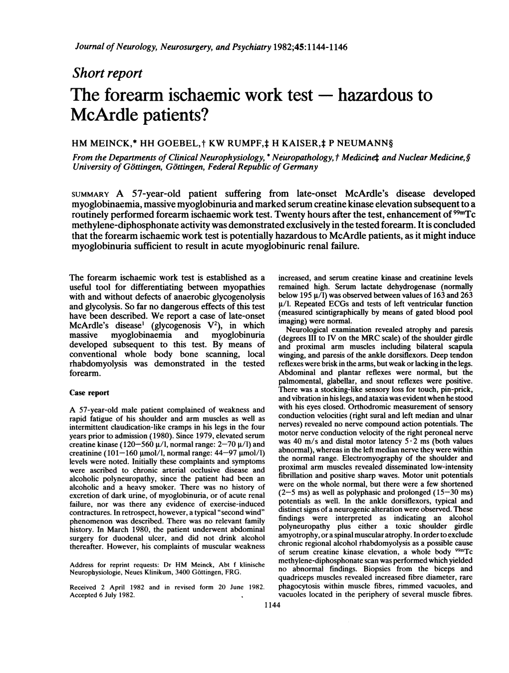 The Forearm Ischaemic Work Test - Hazardous to Mcardle Patients?