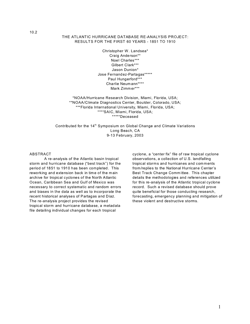 10.2 the Atlantic Hurricane Database Re-Analysis Project: Results for the First 60 Years - 1851 to 1910