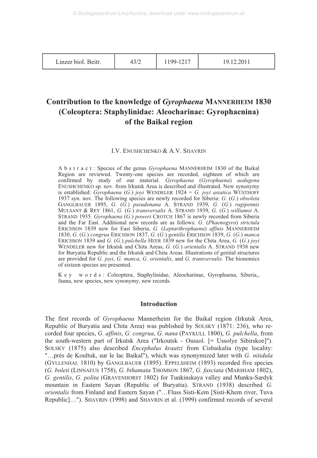 Coleoptera: Staphylinidae: Aleocharinae: Gyrophaenina) of the Baikal Region