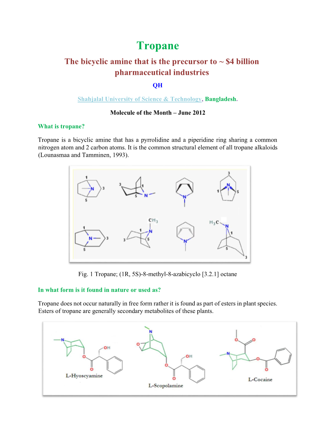 Tropane the Bicyclic Amine That Is the Precursor to ~ $4 Billion Pharmaceutical Industries QH