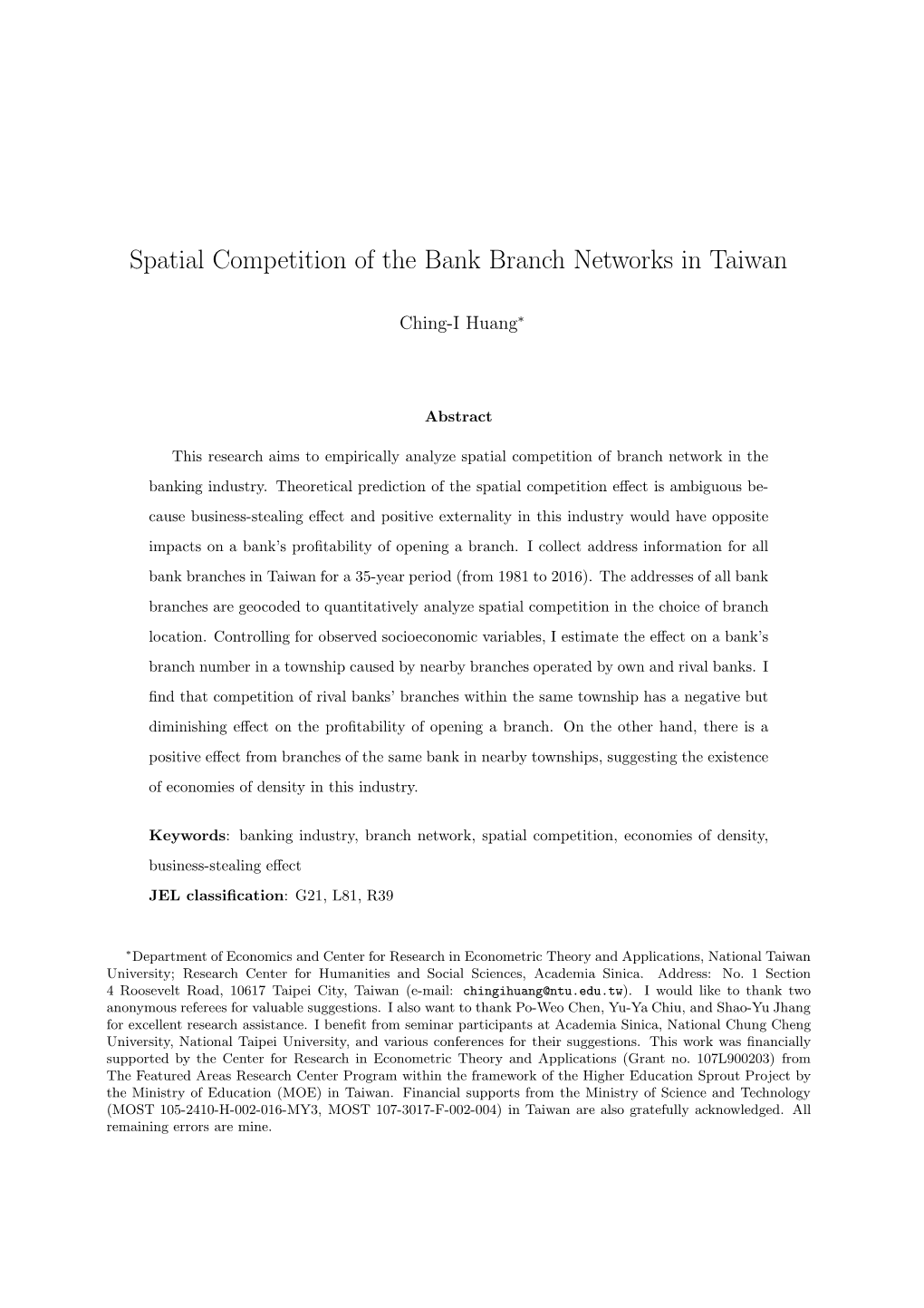 Spatial Competition of the Bank Branch Networks in Taiwan