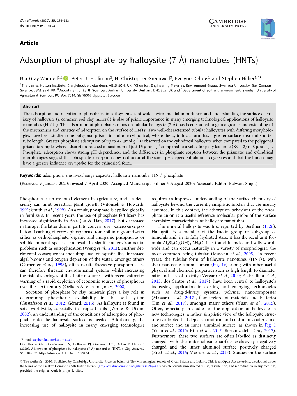 Adsorption of Phosphate by Halloysite (7 Å) Nanotubes (Hnts)