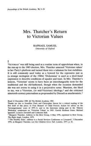 Mrs. Thatcher's Return to Victorian Values