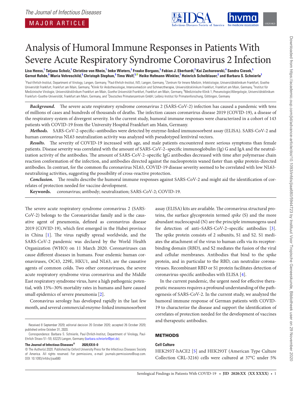 Analysis of Humoral Immune Responses in Patients with Severe