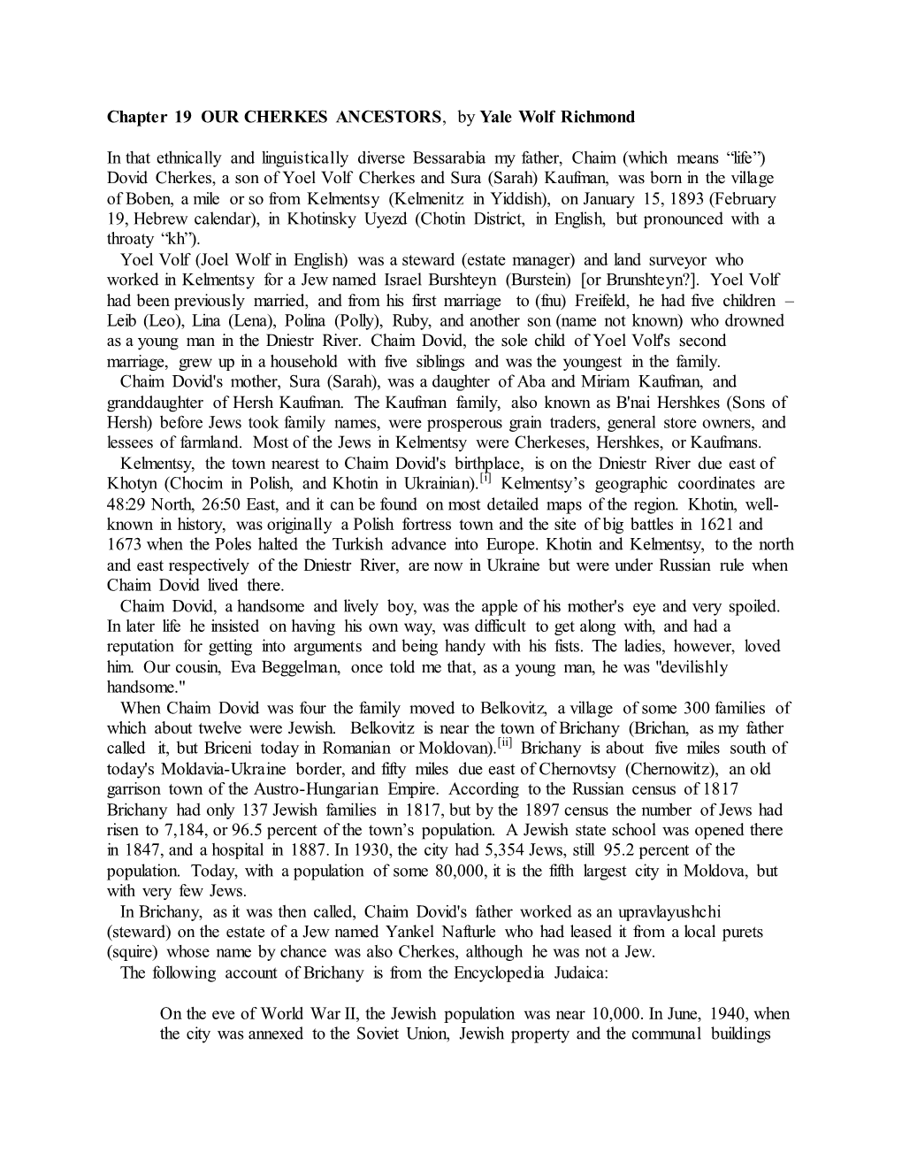 Chapter 19 OUR CHERKES ANCESTORS, by Yale Wolf Richmond in That Ethnically and Linguistically Diverse Bessarabia My Father, Ch