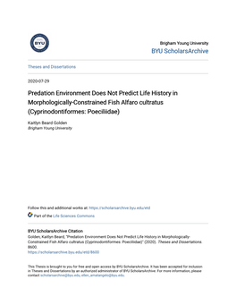 Predation Environment Does Not Predict Life History in Morphologically-Constrained Fish Alfaro Cultratus (Cyprinodontiformes: Poeciliidae)