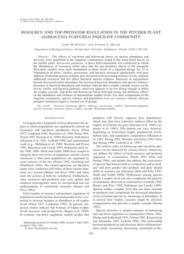 Resource and Top-Predator Regulation in the Pitcher Plant (Sarracenia Purpurea) Inquiline Community