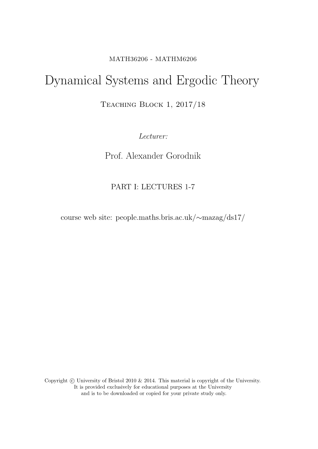 Dynamical Systems and Ergodic Theory