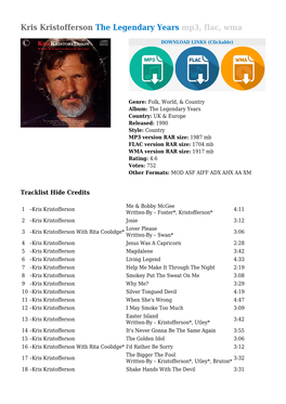 Kris Kristofferson the Legendary Years Mp3, Flac, Wma