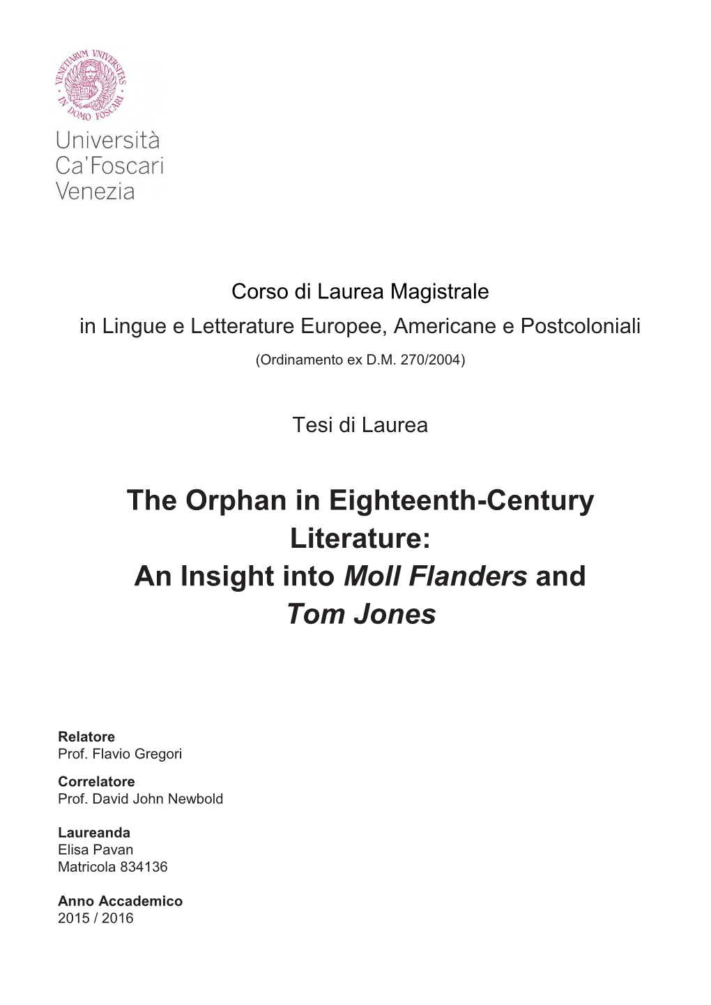 The Orphan in Eighteenth-Century Literature: an Insight Into Moll Flanders and Tom Jones