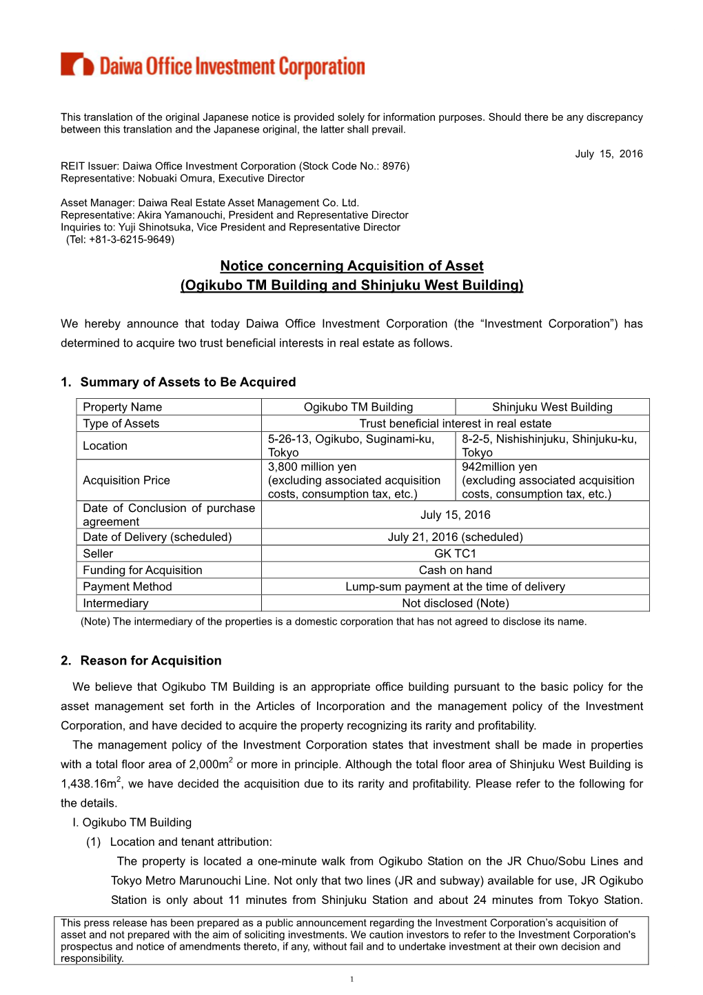 Notice Concerning Acquisition of Asset (Ogikubo TM Building and Shinjuku West Building)