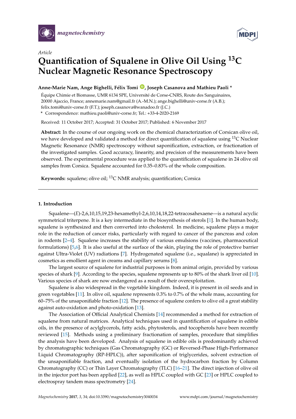 Quantification of Squalene in Olive Oil Using 13C Nuclear Magnetic
