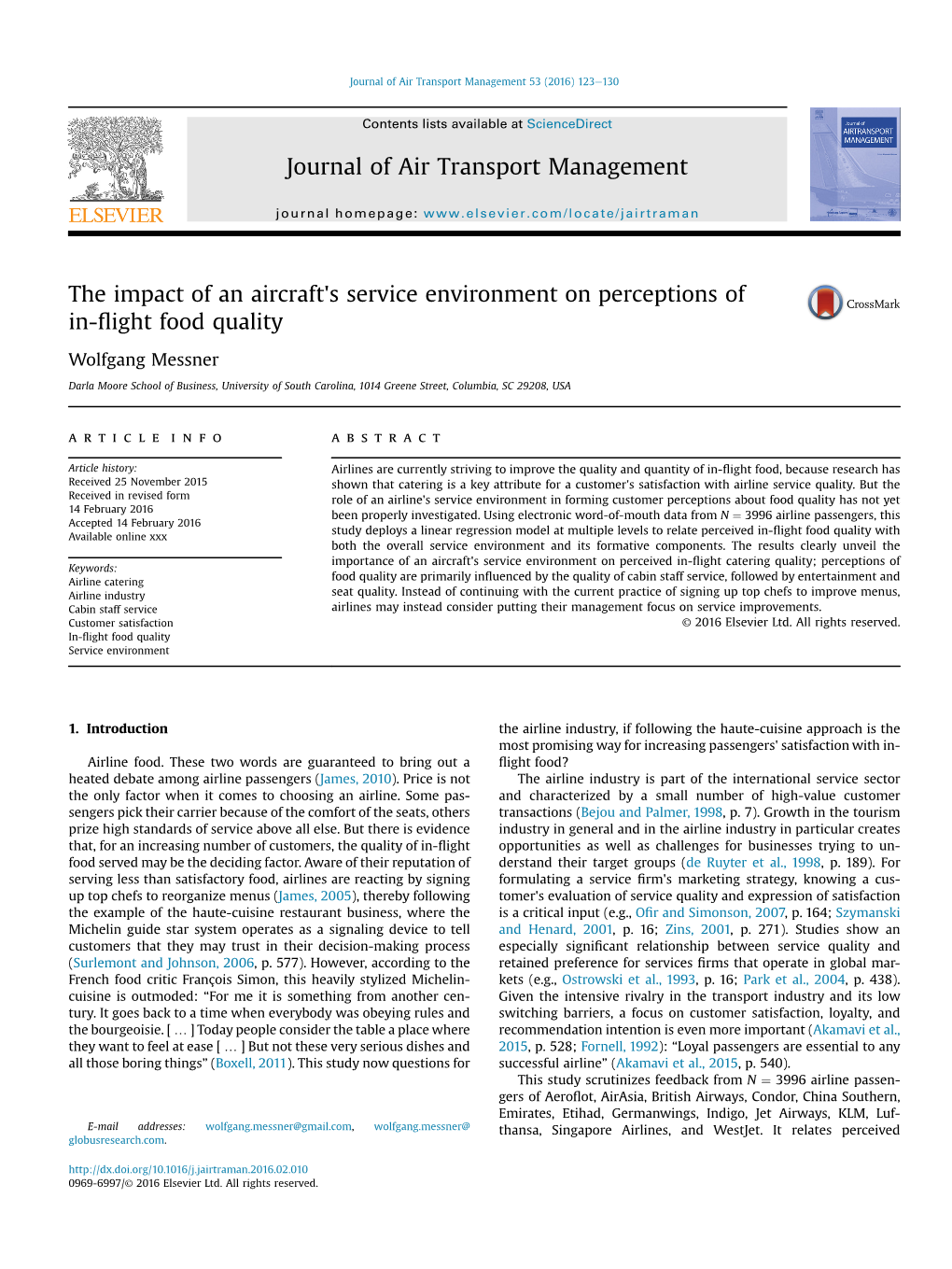 The Impact of an Aircraft's Service Environment on Perceptions of In-Flight Food Quality