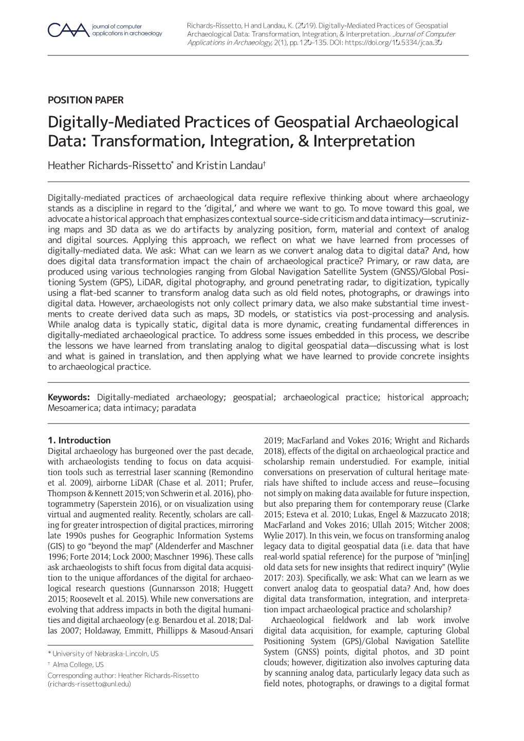 Digitally-Mediated Practices of Geospatial Archaeological Data: Transformation, Integration, & Interpretation