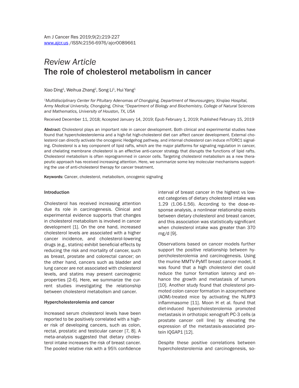 Review Article the Role of Cholesterol Metabolism in Cancer