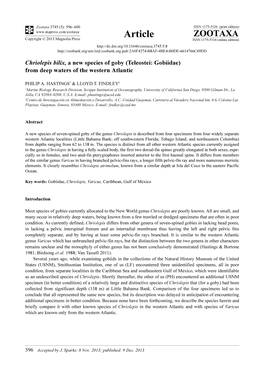 Chriolepis Bilix, a New Species of Goby (Teleostei: Gobiidae) from Deep Waters of the Western Atlantic