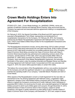 Crown Media Holdings Enters Into Agreement for Recapitalization