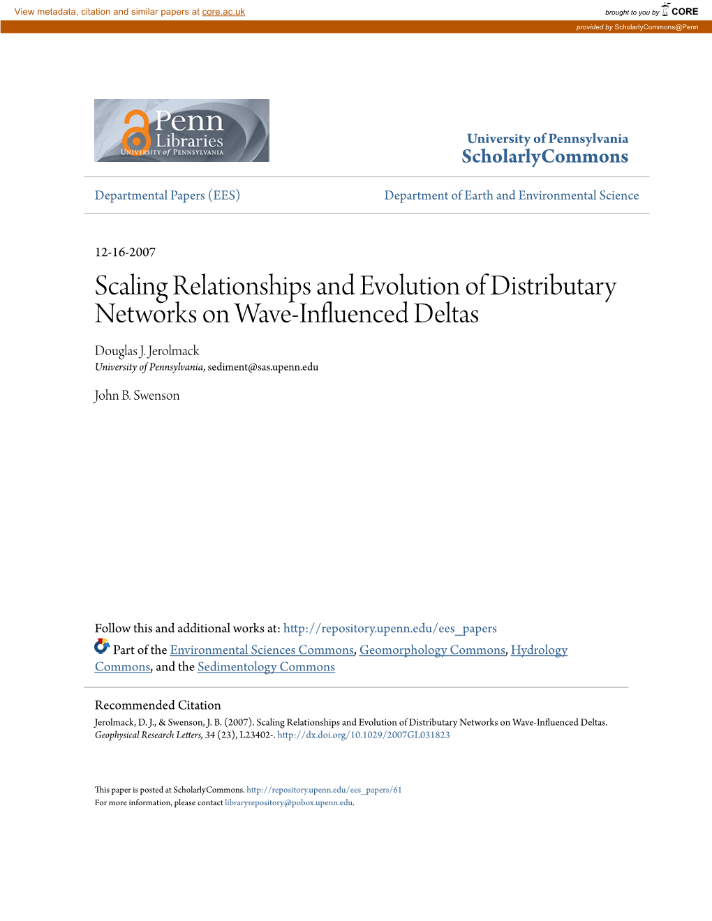 Scaling Relationships and Evolution of Distributary Networks on Wave-Influenced Deltas Douglas J