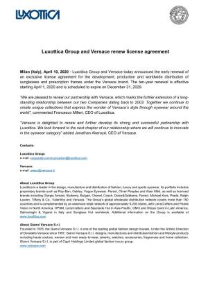 Luxottica Group and Versace Renew License Agreement
