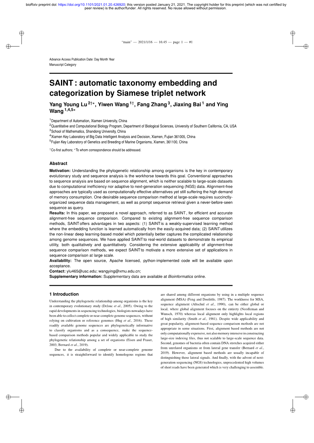 Automatic Taxonomy Embedding and Categorization by Siamese Triplet Network Yang Young Lu 2†∗, Yiwen Wang 1†, Fang Zhang 3, Jiaxing Bai 1 and Ying Wang 1,4,5∗