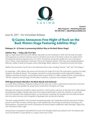 Q Casino Announces Free Night of Rock on the Back Waters Stage Featuring Adelitas Way!