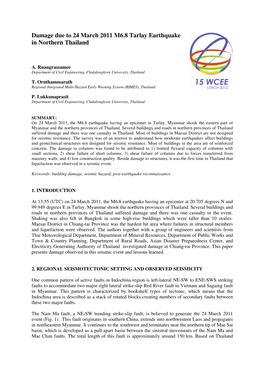 Damage Due to 24 March 2011 M6.8 Tarlay Earthquake in Northern Thailand