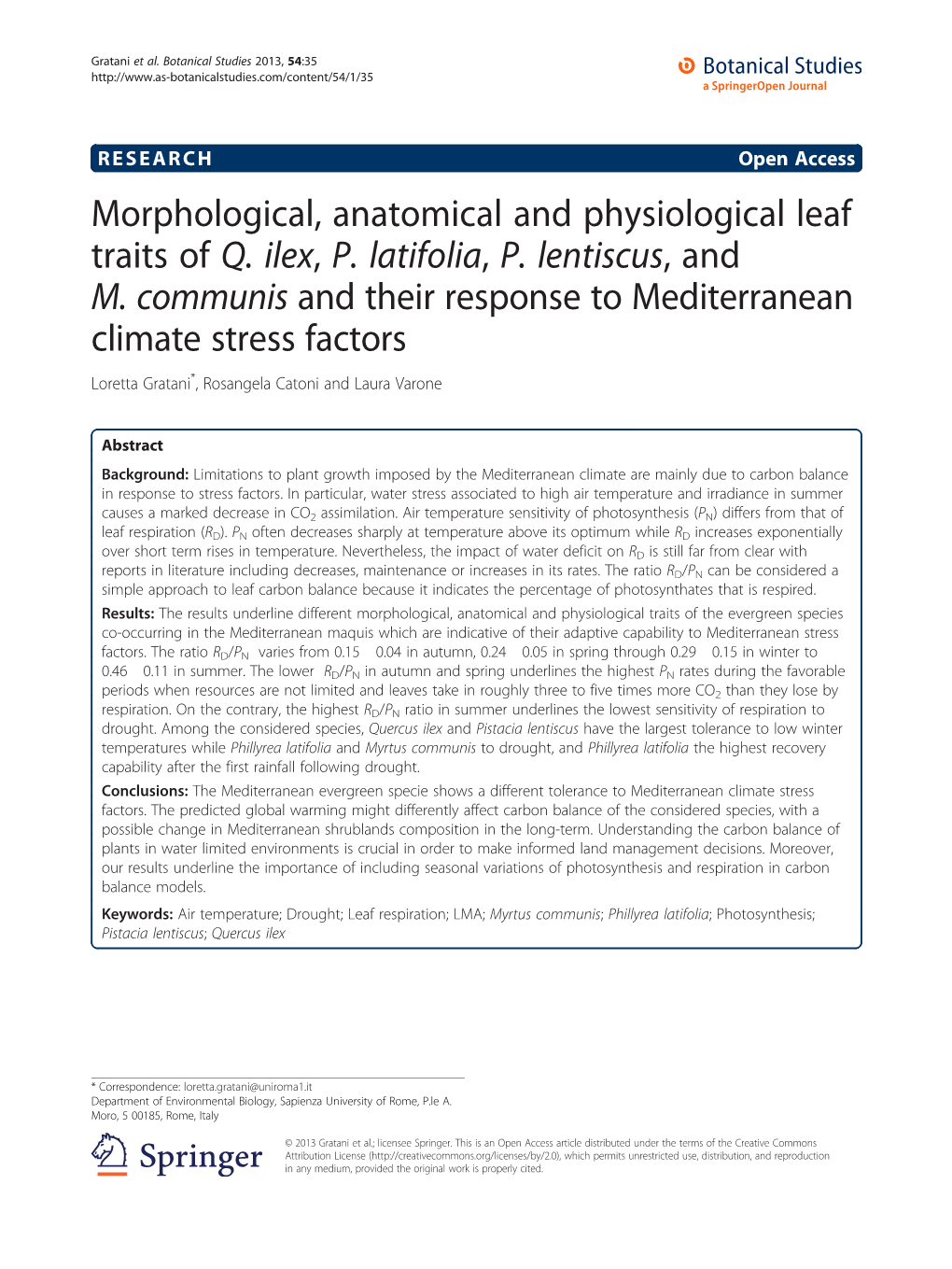 Morphological, Anatomical and Physiological Leaf Traits of Q. Ilex, P