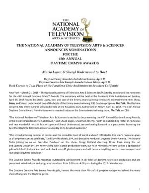 THE NATIONAL ACADEMY of TELEVISION ARTS & SCIENCES ANNOUNCES NOMINATIONS for the 45Th ANNUAL DAYTIME EMMY® AWARDS Mario