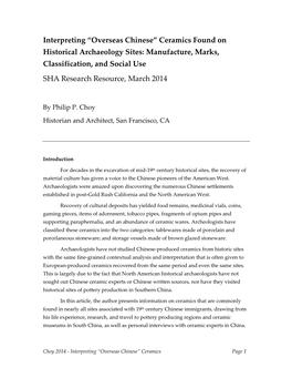 “Overseas Chinese” Ceramics Found on Historical Archaeology Sites: Manufacture, Marks, Classification, and Social Use SHA Research Resource, March 2014