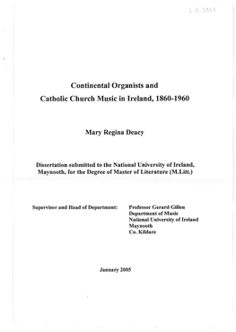 Continental Organists and Catholic Church Music in Ireland, 1860-1960