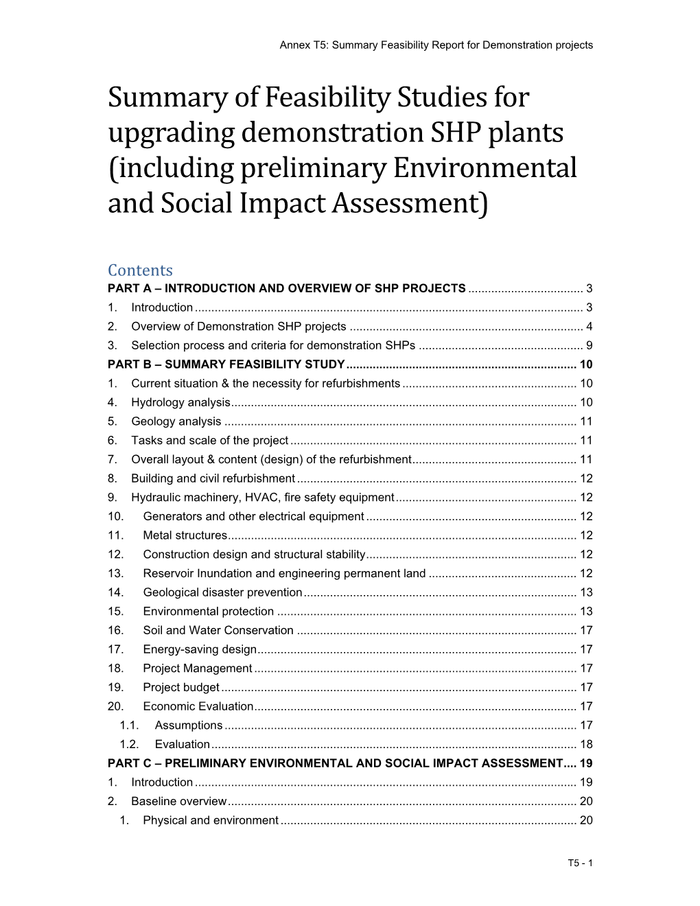 Summary of Feasibility Studies for Upgrading Demonstration SHP Plants (Including Preliminary Environmental and Social Impact Assessment)