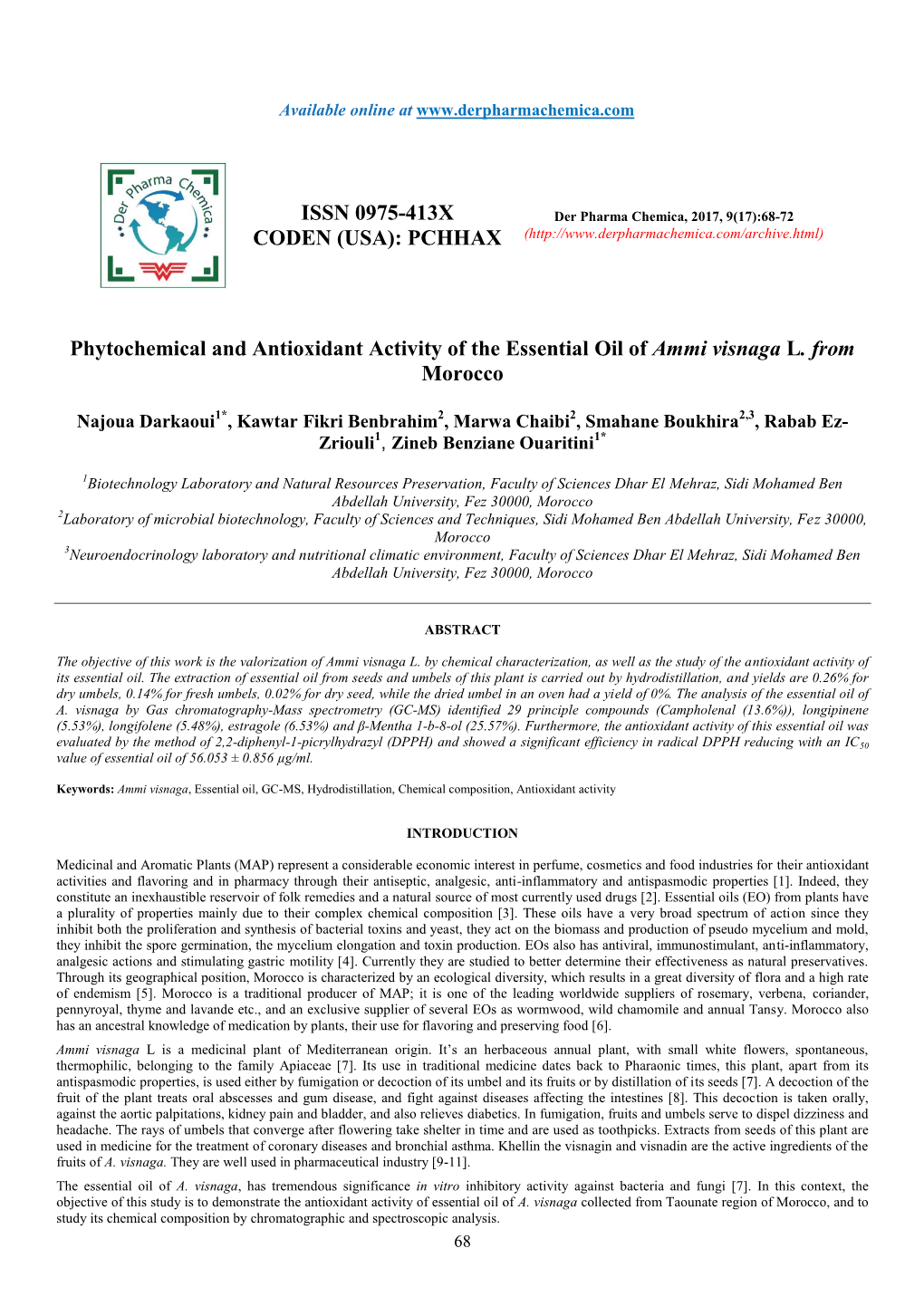 Phytochemical and Antioxidant Activity of the Essential Oil of Ammi Visnaga L