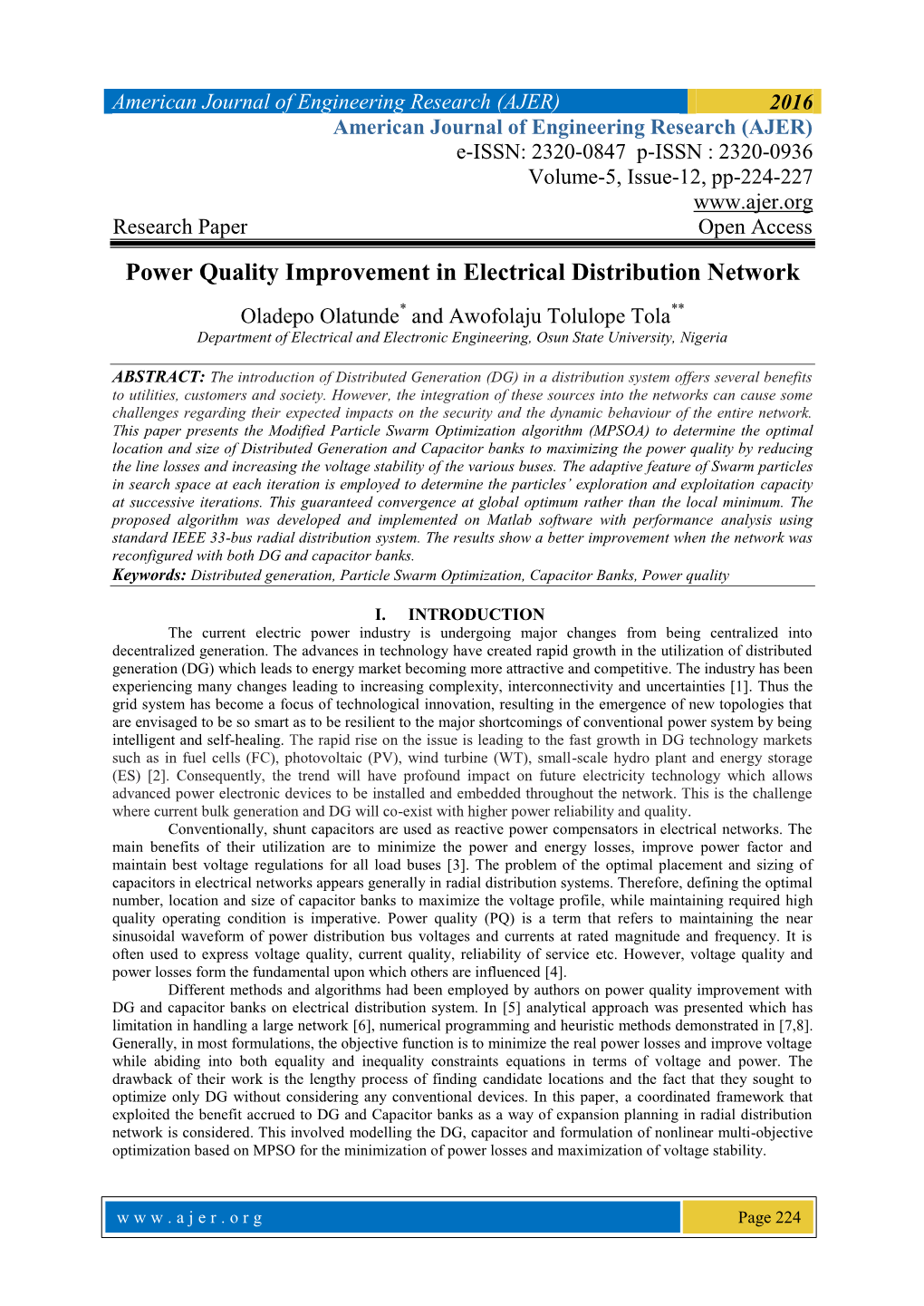 Power Quality Improvement in Electrical Distribution Network