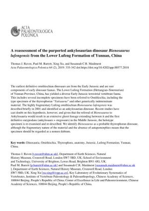 A Reassessment of the Purported Ankylosaurian Dinosaur Bienosaurus Lufengensis from the Lower Lufeng Formation of Yunnan, China