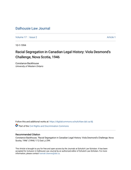 Racial Segregation in Canadian Legal History: Viola Desmond's Challenge, Nova Scotia, 1946