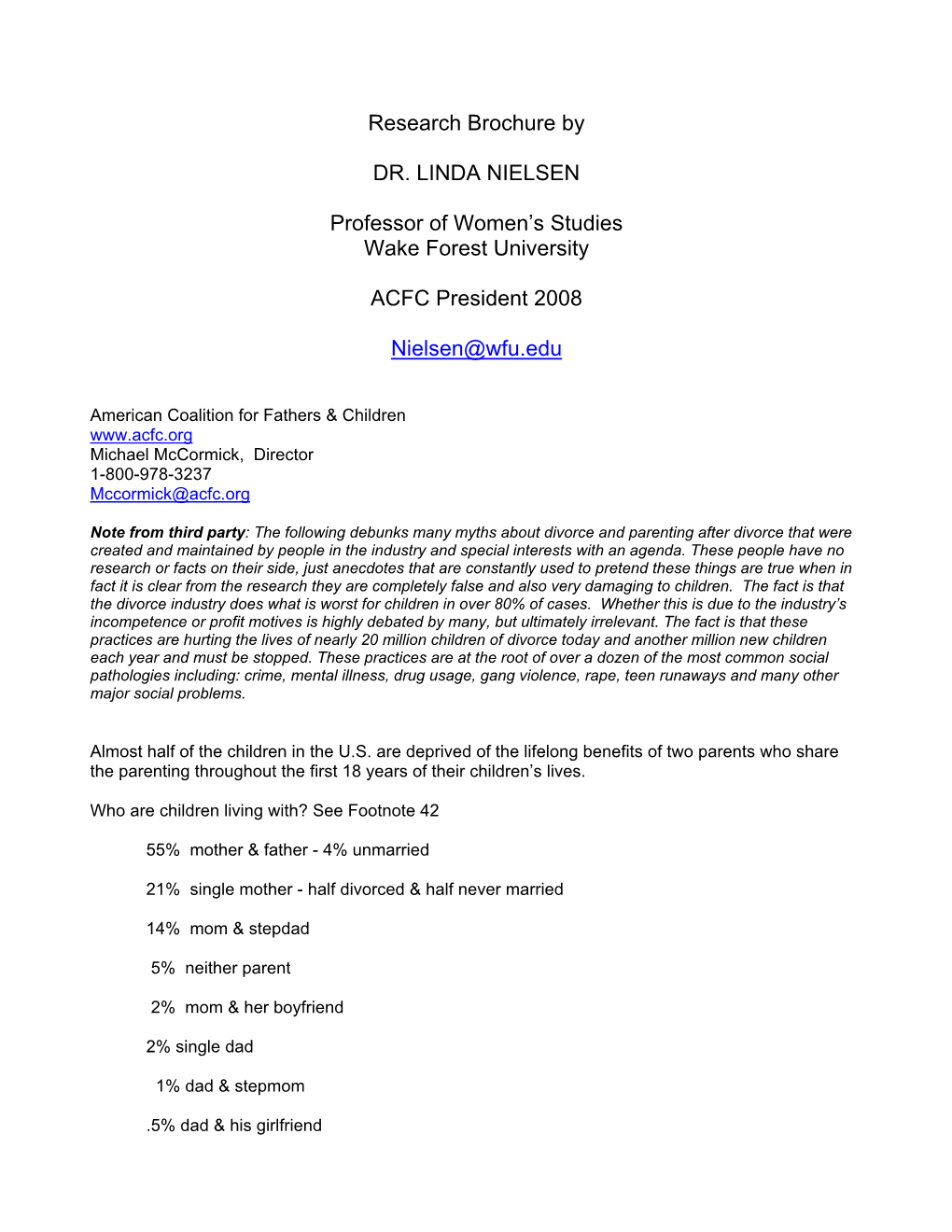 Research Brochure by DR. LINDA NIELSEN Professor of Women's