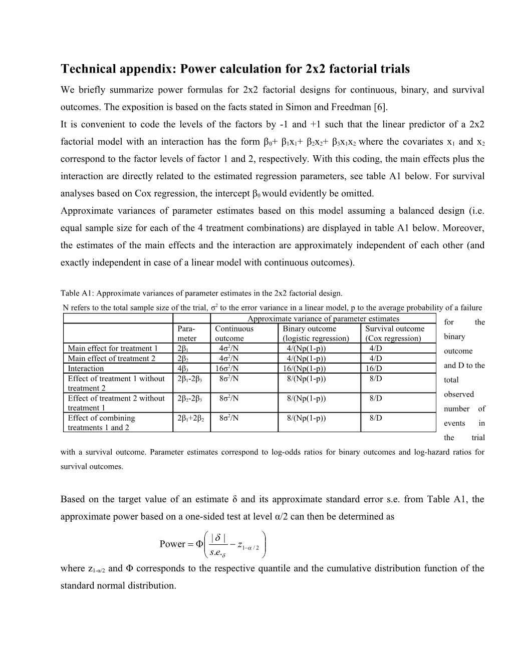 Technical Appendix: Power Calculation for 2X2 Factorial Trials