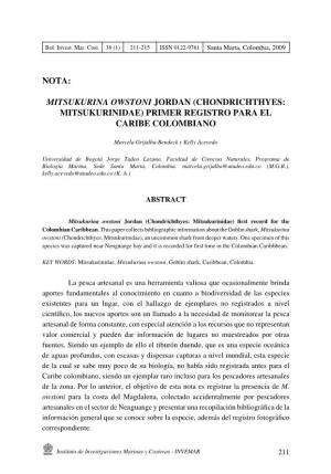Mitsukurina Owstoni Jordan (Chondrichthyes: Mitsukurinidae) Primer Registro Para El Caribe Colombiano
