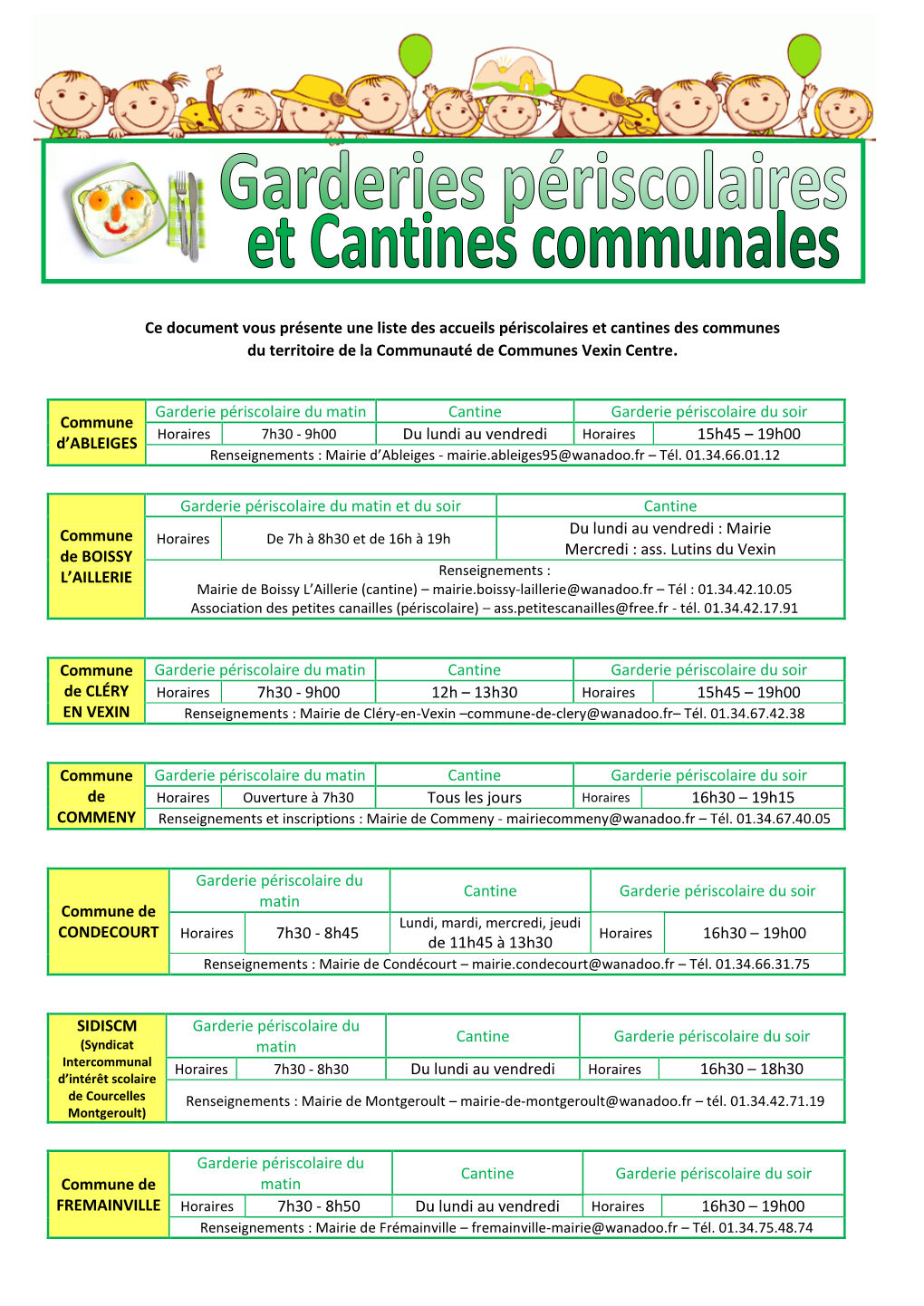 Ce Document Vous Présente Une Liste Des Accueils Périscolaires Et Cantines Des Communes Du Territoire De La Communauté De Communes Vexin Centre