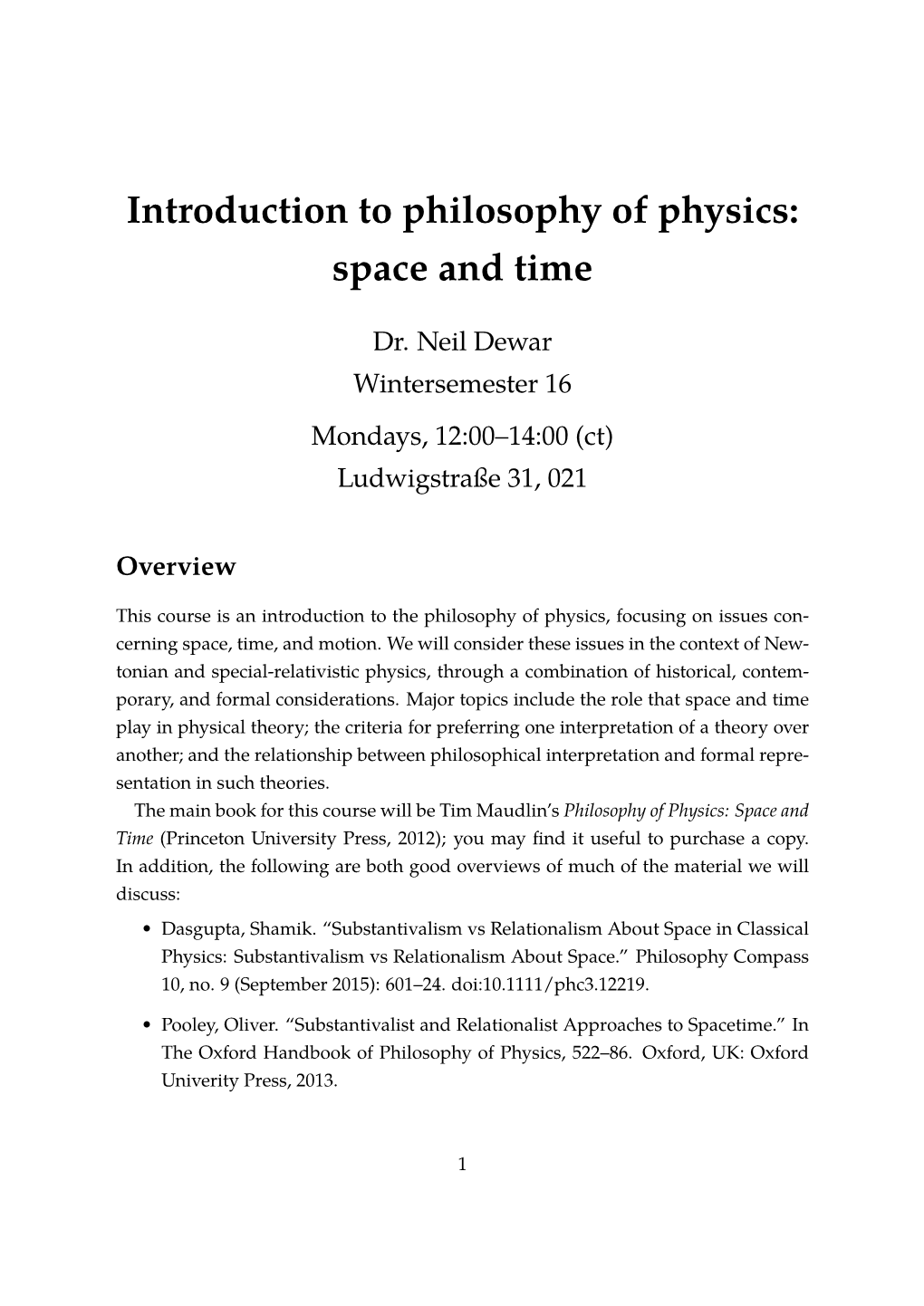 Introduction to Philosophy of Physics: Space and Time