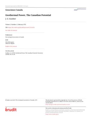 Geothermal Power, the Canadian Potential J